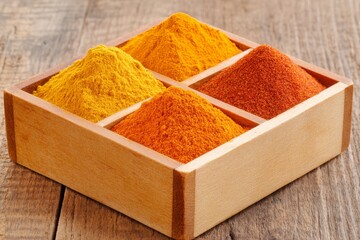 Colorful spices in wooden boxes on market stall, featuring turmeric, chili, and cumin