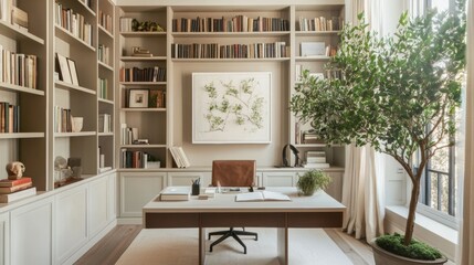 A serene home office with built-in bookshelves and greenery. 