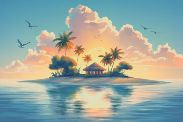 Tropical island paradise featuring lush palm trees vibrant birds soaring above and crystal-clear waters under a bright blue sky a serene escape for nature lovers and adventurers alike