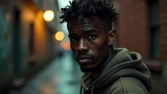 Hardened black vagabond with piercing eyes, city buildings blurred behind him in contrast