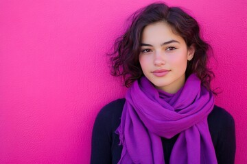 Young woman with curly hair wearing a purple scarf against a vibrant pink wall, showcasing beauty and fashion in a modern, colorful setting