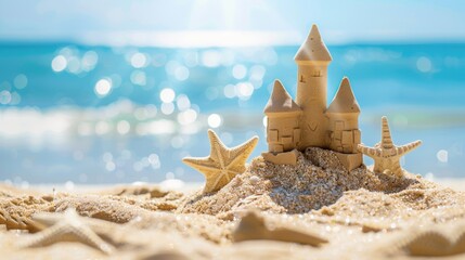 Sand castle and sea shells on the beach. Family vacation. Sea or ocean coast. Concept of sea coast resort, summer holidays. Copy Space.