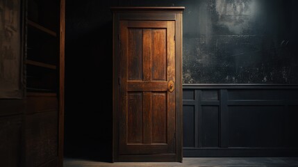 Antique Wooden Armoire in Dark Room, Vintage Interior Design