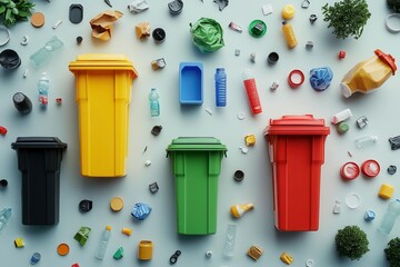 Colorful trash bins surrounded by various recyclables and waste items, promoting a message of recycling and environmental awareness.