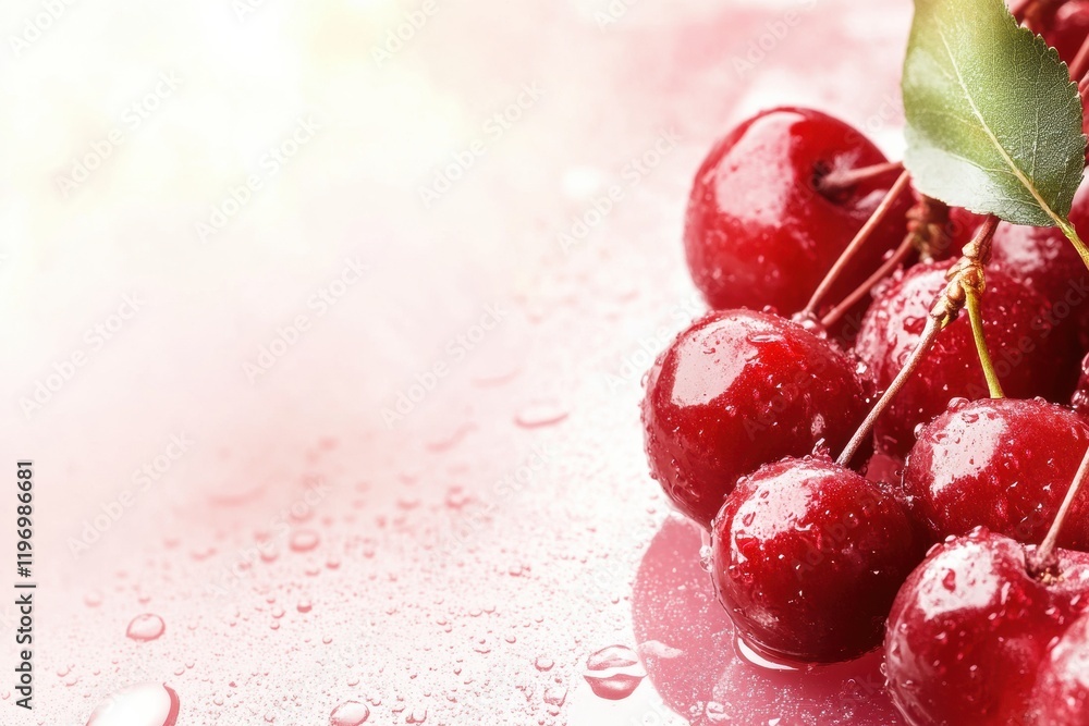 Poster fresh cherries with water droplets on a smooth surface creating an inviting space for text and prese