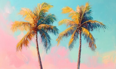 An acrylic painting of two palm trees in pastel tones, styled in fauvism with soft golden hour lighting
