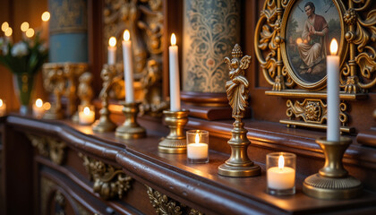 Ornate ancestral altar with candles, symbolizing quiet reverence