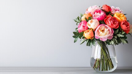 Obraz premium Beautiful Floral Bouquet Featuring Fresh Peonies and Roses Against a Soft Grey Background, Perfect for Celebrations or Home Decor