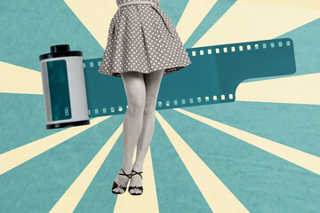 3D collage trend artwork composite sketch poster of incognito woman legs stand shoes posing skirt...