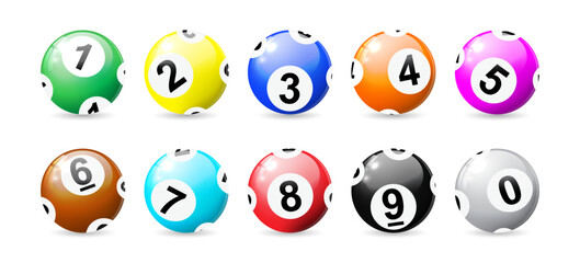 Naklejka premium Bingo balls, realistic Lottery Colorful Number Balls, 3d lotto or billiard ball. Lucky gambling sport, casino game, vector design with shadow for your website. isolated on white background