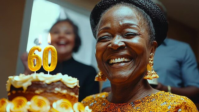 An African woman joyfully celebrates her 60th birthday with a beautifully decorated cake topped with candles, surrounded by smiling family and friends, creating cherished memories together.