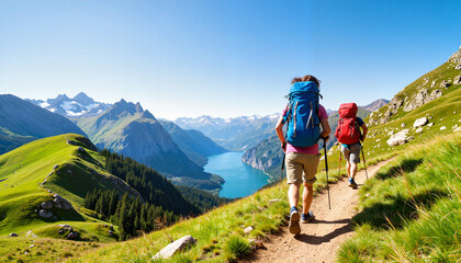 Fototapeta premium Adventurous mountain hiking on clear trail, vibrant exploration