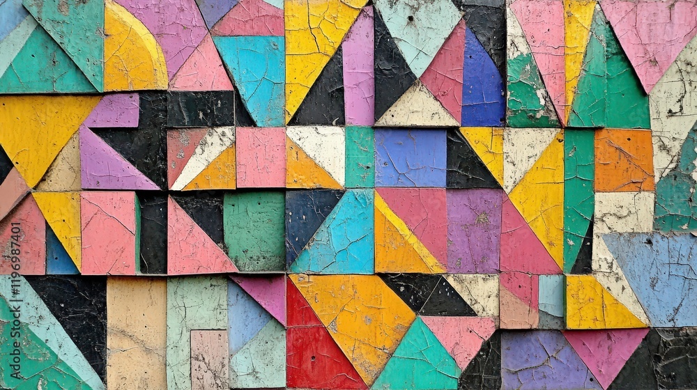 Poster Colorful Abstract Geometric Shapes and Patterns in Vibrant Artwork with Cracked Texture and Dynamic Compositions for Creative Use