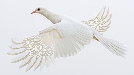 Fototapeta premium White dove in flight, wings adorned with intricate cut-out pattern.