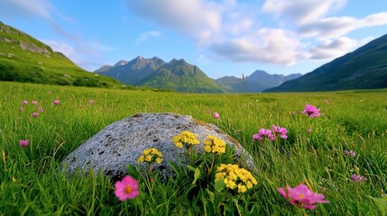 Obraz premium Vibrant Wildflower Meadow with Mountains Under a Clear Blue Sky