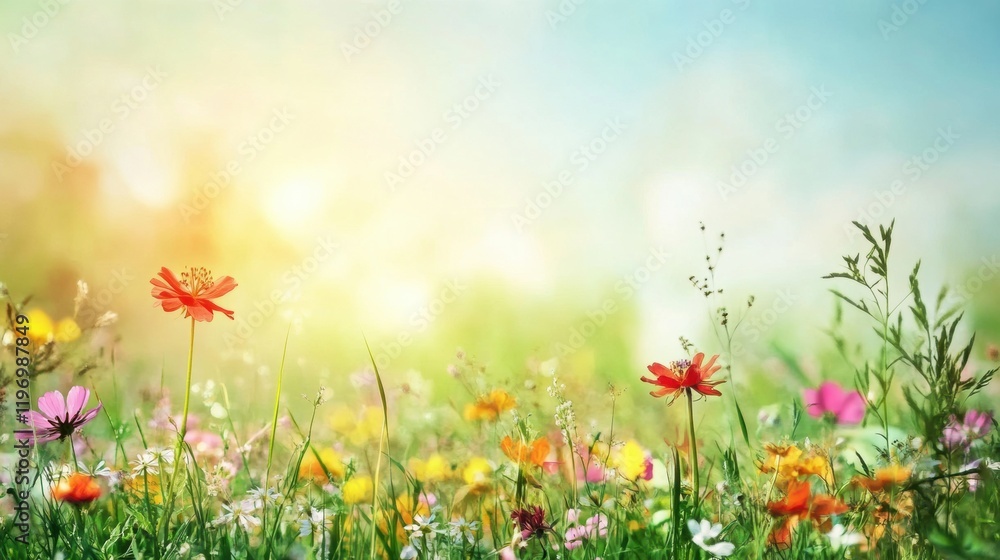 Aufkleber vibrant wildflower meadow during golden hour with ample space for text and creative design elements.