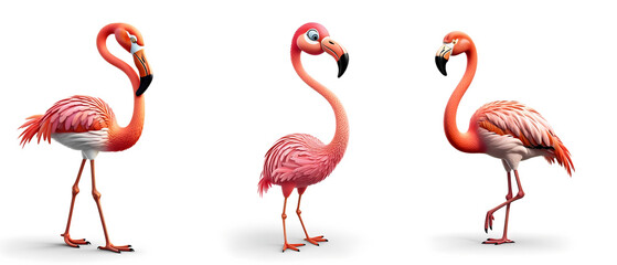 Obraz premium Three playful pink flamingos striking different poses, standing on a white background.