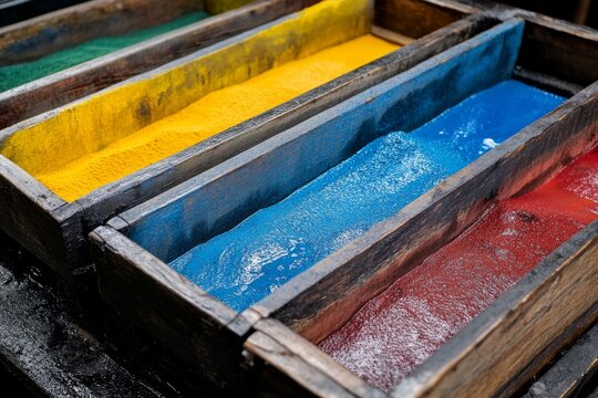 Colorful spices in wooden boxes on market stall, featuring turmeric, chili, and cumin