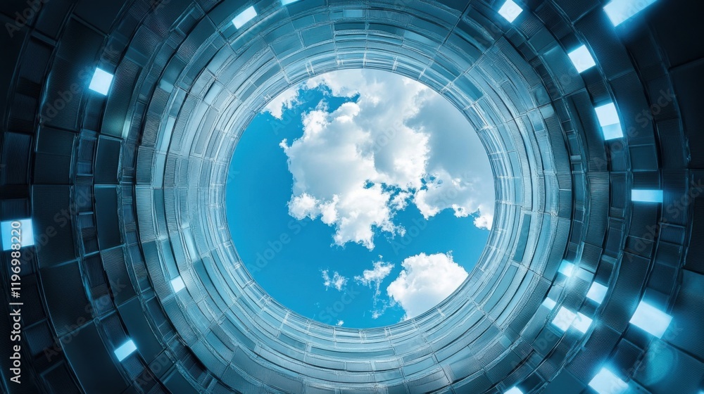 Poster a circular window with a sky view of clouds
