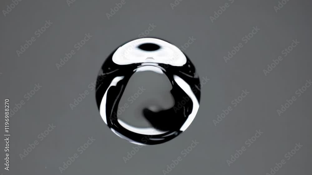 Poster reflective sphere with black and white patterns floating against a minimalist gray background