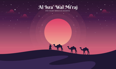 Fototapeta premium Flat Hand Drawn Isra Mi'raj Illustration. Islamic Celebration Day Concept: Celebrate the Night of Travel of Prophet Muhammad in Rajab with Al Aqsa Mosque and Kaaba. Design for Background, Wallpaper