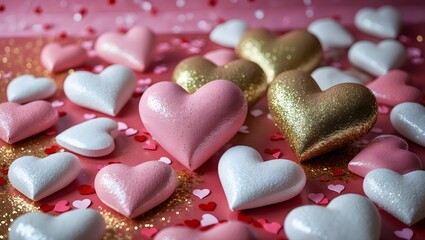 Obraz premium Heart shape Valentine's day background, Modern gradient Valentine's theme, A close up of many hearts, Glitter Pastel Heart Decorations for Celebrations, Pink and white aesthetic heart figures