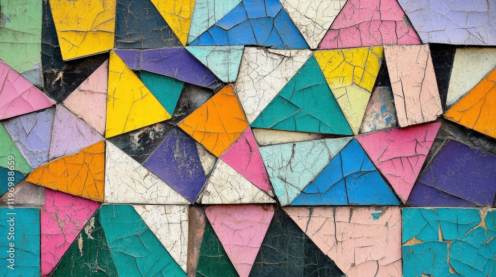 Poster vibrant abstract geometric shapes and colorful patterns with cracked textures for creative backgroun