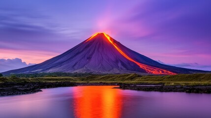 Fototapeta premium Majestic Volcano Erupting with Fiery Lava under Purple Sky