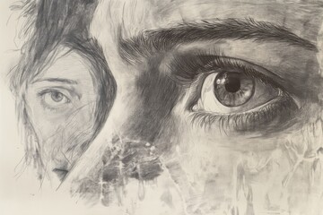 Fototapeta premium Pencil drawing of a portrait of a young woman's eye looking at a crying woman. 