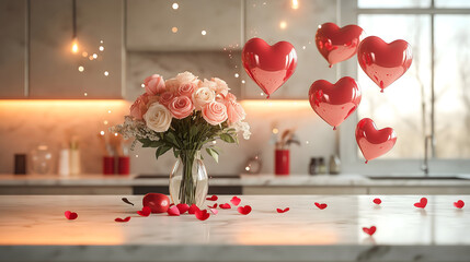 Valentines Day Kitchen Background with Pink Roses and Heart Balloons - Generative AI
