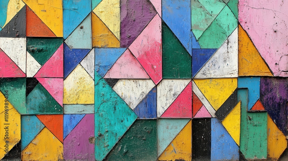 Poster Vibrant Abstract Geometric Shapes Displayed on a Weathered Surface with a Rich Color Palette of Colors and Intricate Patterns for Creative Use