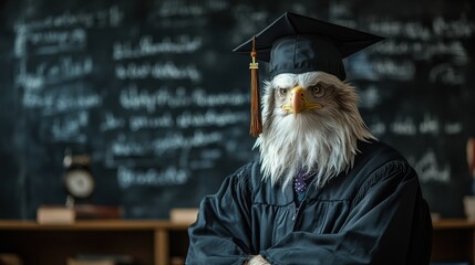 Wise bald Eagle professor teacher in graduation cap in a classroom. Blackboard background. University, knowledge, education, science, graduation concept.