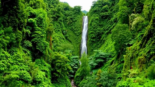 Rainforest Waterfall 4K Hd Video.  A Lust Green Rainforest with a cascading waterfall. 