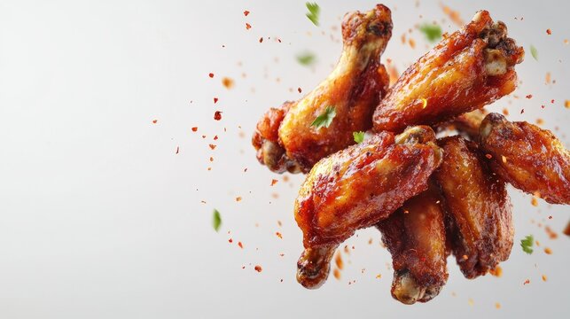 Crispy roasted chicken wings with aromatic spices flying in the air, creating a tantalizing effect on a clean white background.