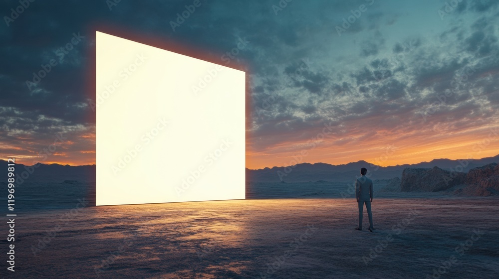 Poster Expansive landscape with a large empty screen against a dramatic sunset backdrop suitable for text placement. Generative AI