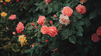 Obraz premium Vibrant pink and yellow roses in full bloom against lush green foliage