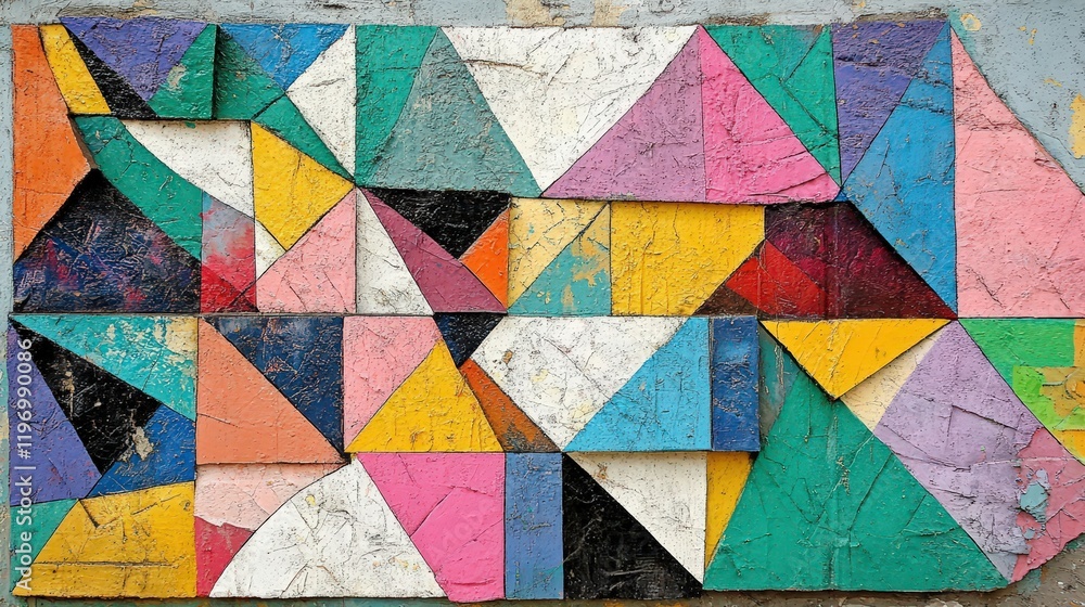 Poster vibrant geometric shapes in abstract design on weathered surface with bright colors and unique patte