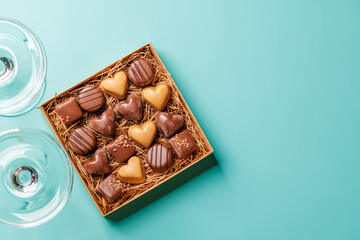 A glasses of champagne elegantly paired with a box of rich chocolates