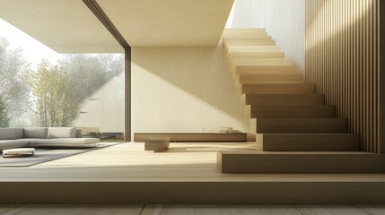 Fototapeta premium Floating wooden stairs with hidden supports, blending seamlessly into a sleek and modern living space.