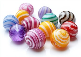 Fototapeta premium Colorful Swirled Marbles Displayed in a Bright Arrangement, Showcasing Various Patterns and Vibrant Hues on a Reflective Surface for Playful Atmosphere