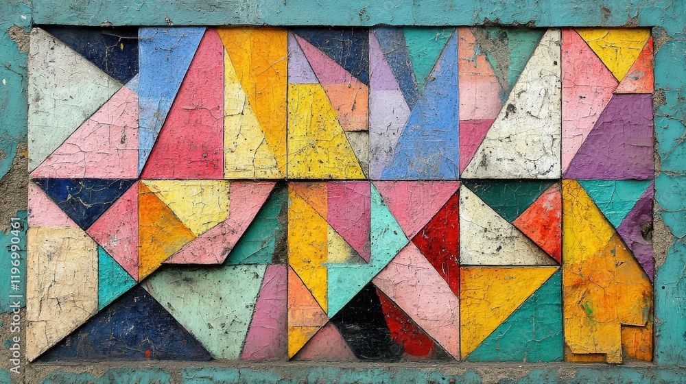 Poster vibrant abstract geometric shapes on old surface creating a unique multicolored art piece full of te