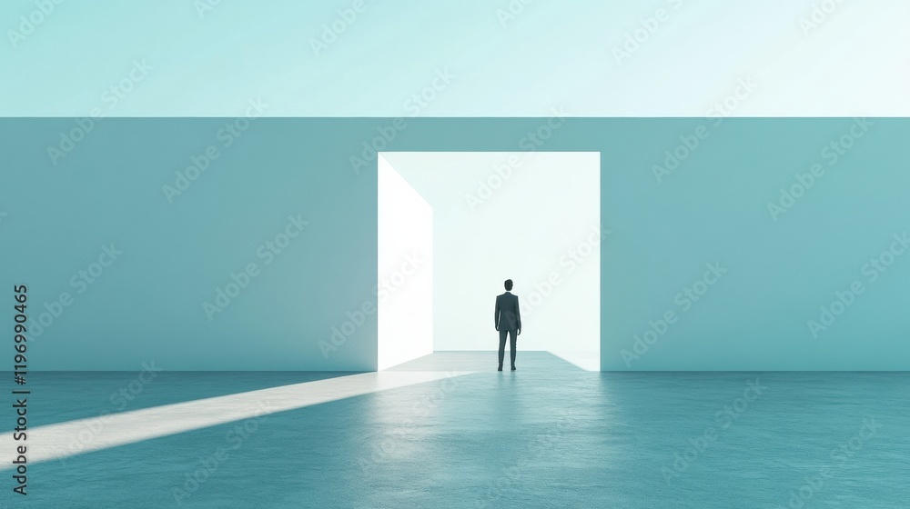 Poster conceptual space with an individual standing at an open doorway illuminated by light indoors. genera