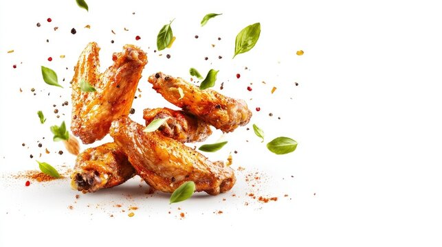Golden roasted chicken wings seasoned with fragrant spices, with seasonings flying in the air, isolated against a white backdrop.
