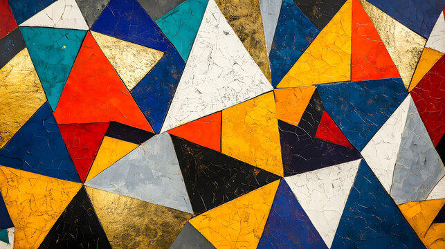 A vibrant mosaic of overlapping triangles and rectangles in bold primary colors, accented with textured gold and silver highlights for a dynamic visual impact 