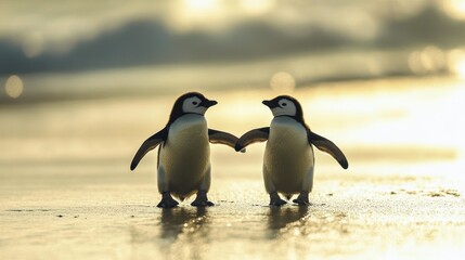 Obraz premium A heartwarming sunset scene of two adorable penguins holding hands on a beach, symbolizing friendship and companionship.