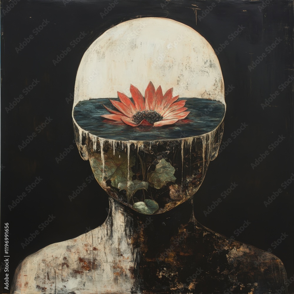 Poster Vision of serenity a contemplative portrait of a figure with a lotus flower artistic reflection abstract environment