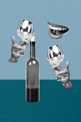Composite 3D collage artwork template design of bottle drink hand hold glass alcohol mouth smile...