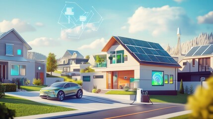 Eco-Friendly Suburb with Electric Car and Solar Panels