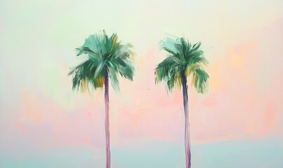 Fototapeta premium An acrylic painting of two palm trees in pastel tones, styled in fauvism with soft golden hour lighting