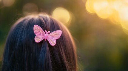 Naklejka premium Pink Butterfly Hair Clip on Dark Hair, Golden Sunlight Backdrop